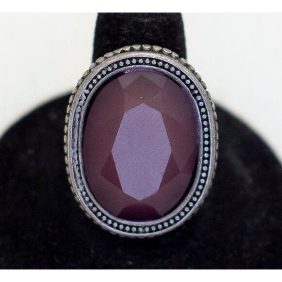 Size 7 1/2, Vintage Purple Art Deco Oval Silver Tone Statement Ring - A23 - Picture 1 of 3